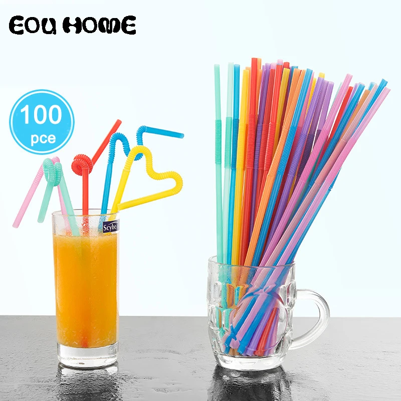 Pack Of 100 Coloured Plastic Drinking Straws Birthday Celebration Disposable NEW