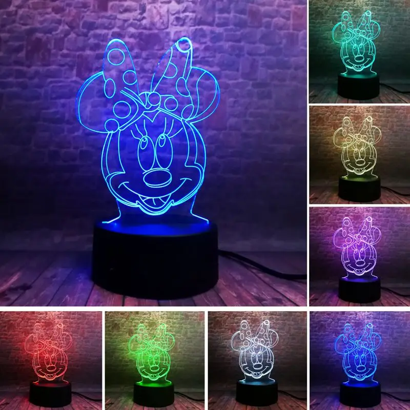 Светящиеся Минни Маус фигурки аниме 3D иллюзия светодиодный ночник 7 цветов вспышка света Микки семья Минни рисунок игрушки для детей