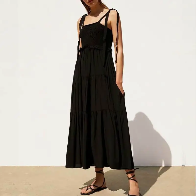 

Women Black Dress Summer 2019 New Fashion Vintage Style Elastic Bust Slash Neck Overall Modern Lady's Retro Look Dresses