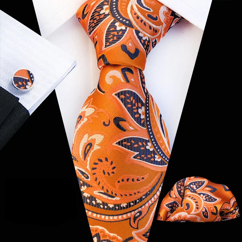 

3 Pcs/Set Orange Paisley 3.15" Men's Formal Ties Set Husband Boyfriend Gift Necktie with Cufflink Pocket Square