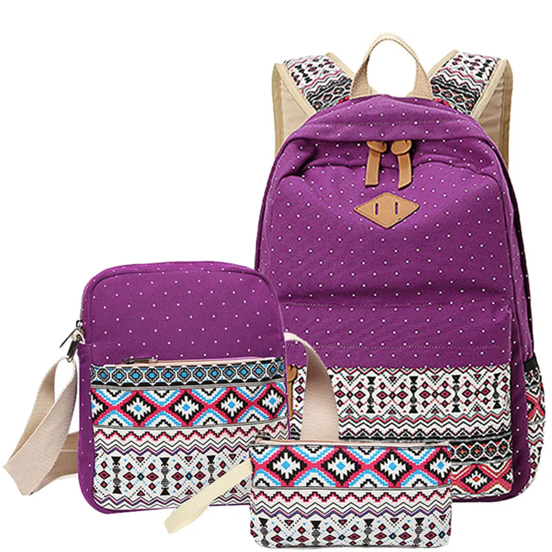 3 pcs/set Polka Dot Printing Women Backpack Cute Lightweight Canvas