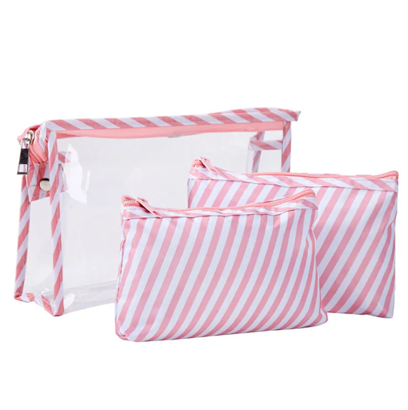 Набор из 3 шт косметических туалетных принадлежностей прозрачный ПВХ водонепроницаемый дорожный моющийся мешок держатель сумка наборы - Цвет: Pink Stripe