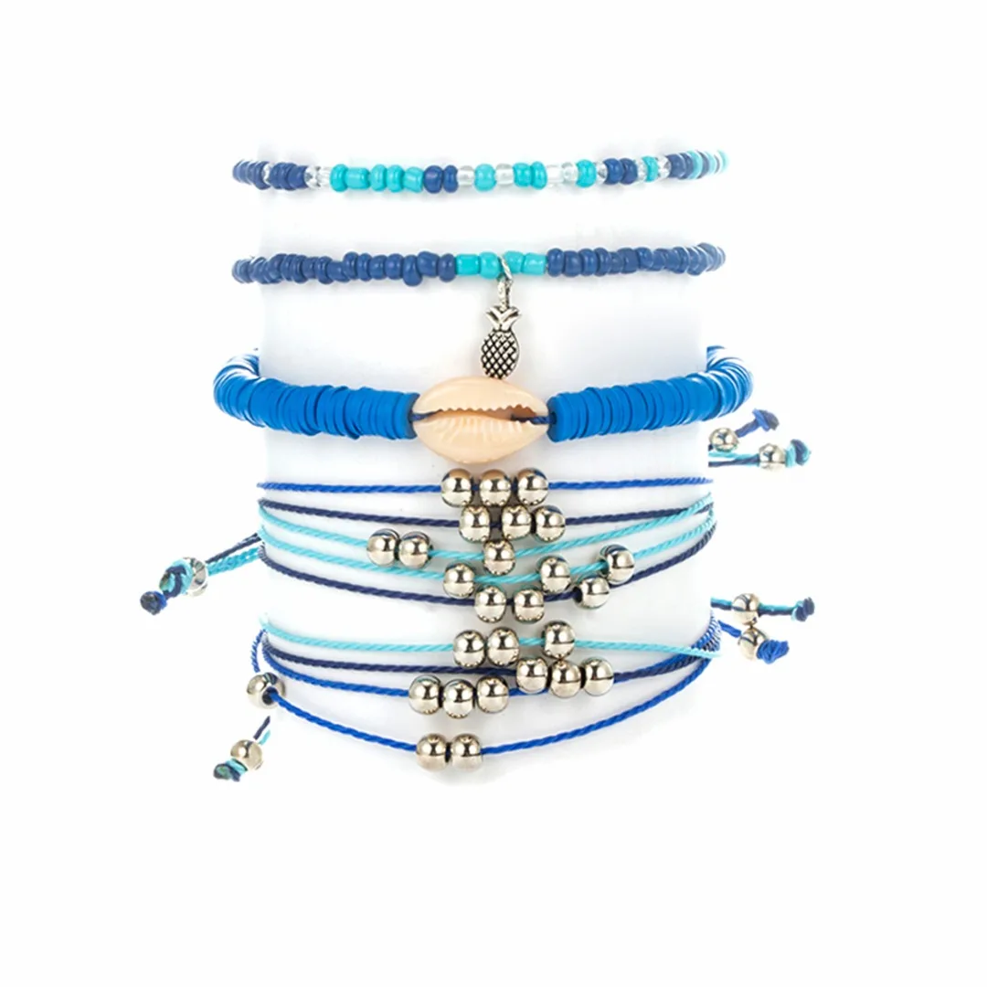 Boho Bangle Dolphin Pineapple Shell Bracelet for Women Fashion Mini Beads Rope Braided Bracelet Set Summer Bohemia Jewelry