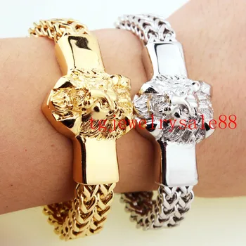 

15mm Wide High Quality Stainless Steel Silver Or Gold Cool Mens Figaro Rolo Chain Lion Head Bracelet Jewelry 8.66"
