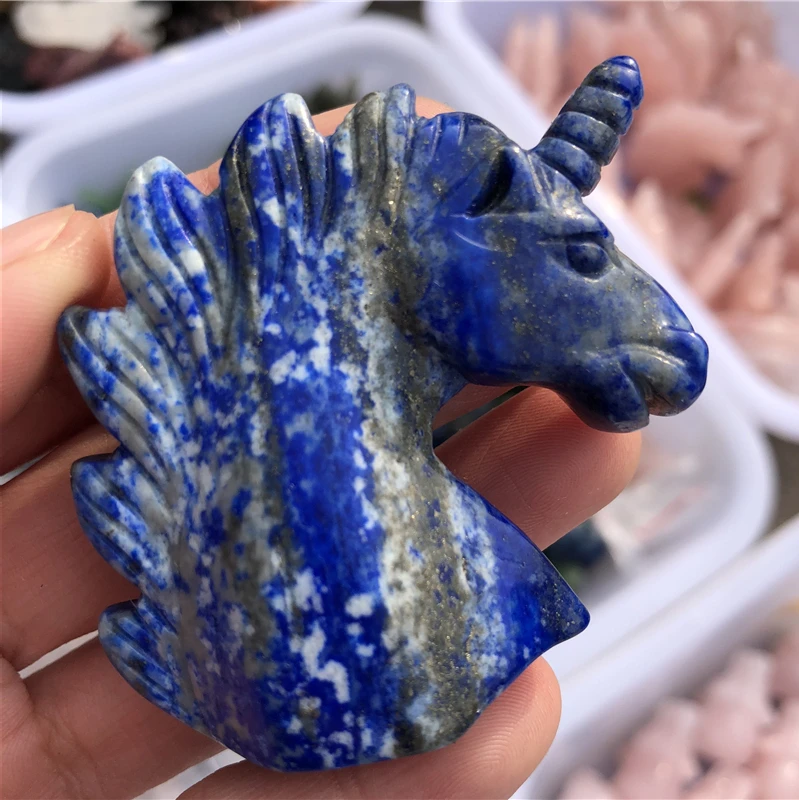 

natural stones lapis lazulia unicorn rose quartz pink crystal gemstone unicorn as gift