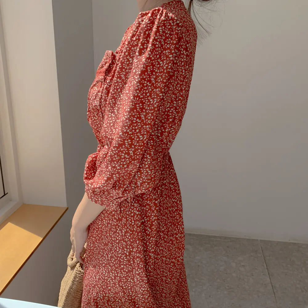 Милые платья,, женская одежда в Корейском стиле, дизайнерское ТРАПЕЦИЕВИДНОЕ темпераментное женское Красное винтажное платье с принтом, длинное