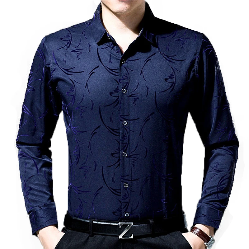 2019 الذكور الأزياء العلامة التجارية عارضة الأعمال ملابس رجالي تلائم الرجل النحيف قميص camisa قمصان طويلة الأكمام الأزهار الاجتماعية اللباس الم...