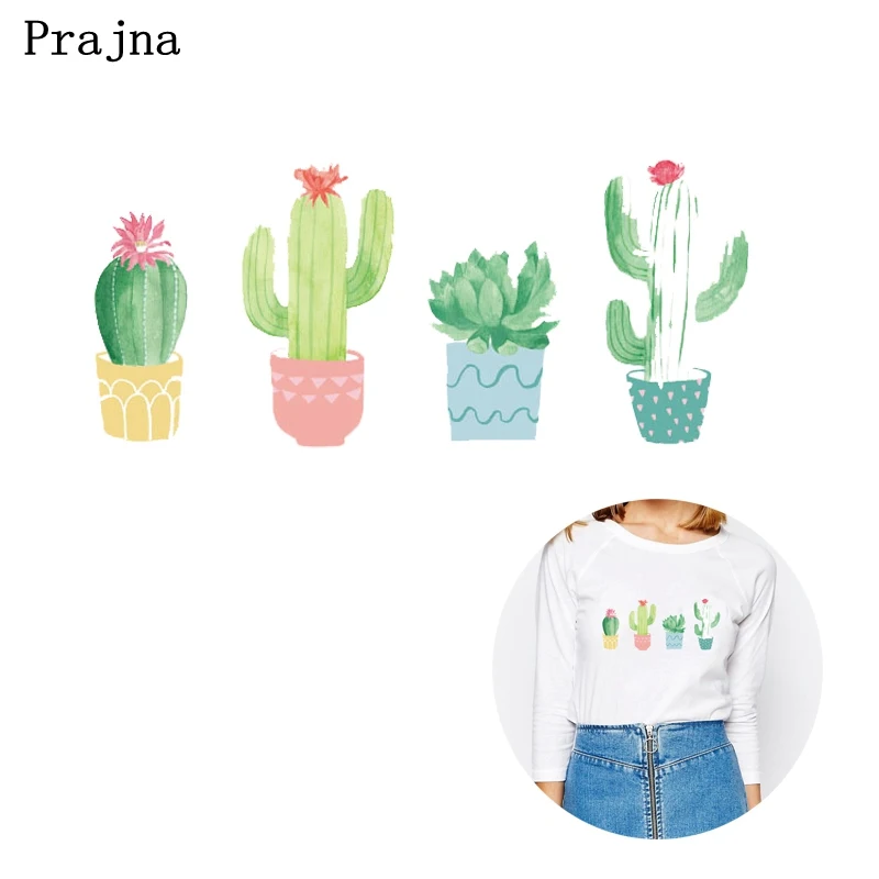 

Prajna Cactus Patches Iron On Pyrograph Green Plant Flower Iron On Transfer Big Size Patches For Clothing T-shirt DIY Stickers