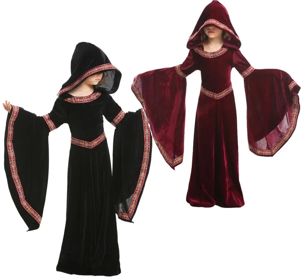 

Child Kids Girls Medieval Renaissance Princess Queen Costume Hooded Gown Robe Maxi Dress Drap Sleeves Vampire Outfit Halloween