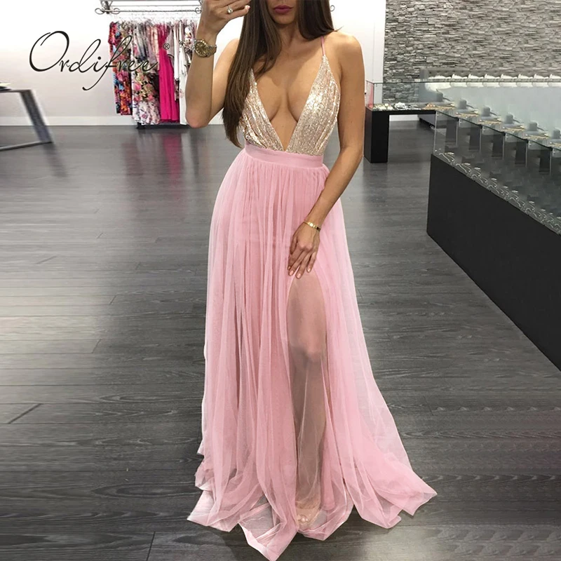 

Ordifree 2019 Summer Women Long Party Dress Elegant Lady Night Mesh Tulle Dress Floor Length Maxi Chiffon Sequin Dress