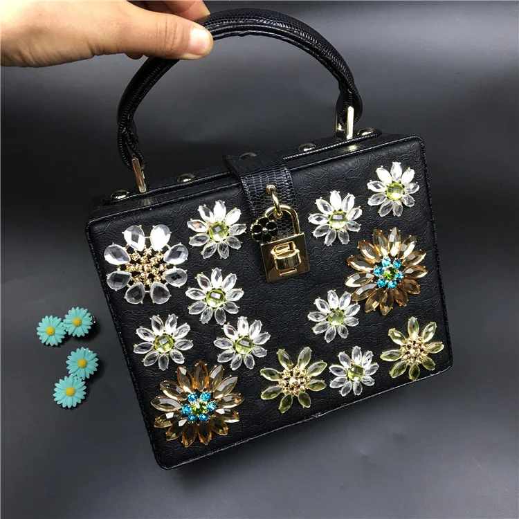 ФОТО Luxury diamond flower fashion small black lock box bag ladies handbag shoulder bag across body messenger bag flap purse party