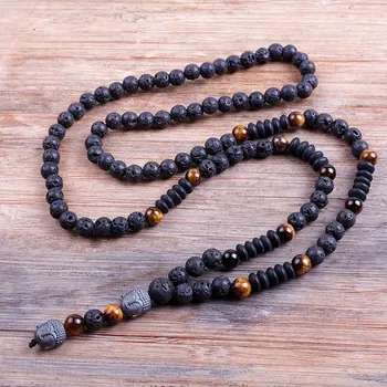 Black 6mm BLava Stones Wood Bead Men's Hematite Buddha Bead Necklace