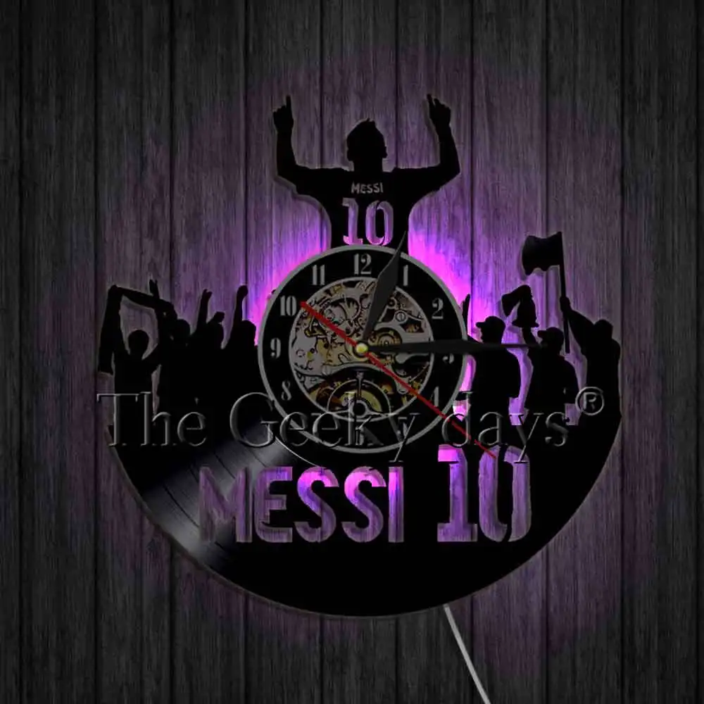Футболист Месси 10 силуэт тени настенные часы современный дизайн футбол Виниловая пластинка настенные часы подарок для фанатов