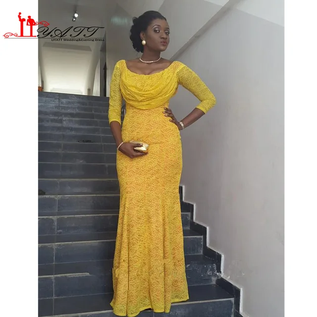 2017 Nigerian Fashion Yellow Lace Prom Dress Scoop Long Sleeves 2017 Nigerian Fashion Yellow Lace Prom Dress Scoop Long Sleeves Mermaid Floor Length Wedding Bride Party