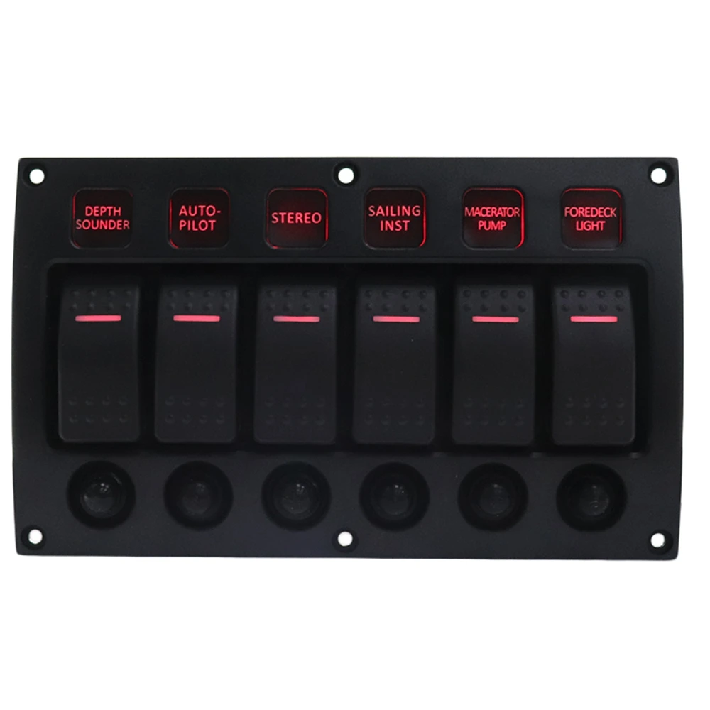 

6P Red LED Lights Rocker Switch Panel with Circuit Breakers Switches for Boat Automotive Truck RV 12V 24V