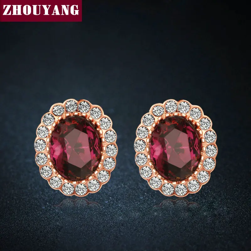 

ZHOUYANG Elegant Purple Crystal Stud Earrings Rose Gold Color Fashion Jewelry For Women Wholesale ZYE106