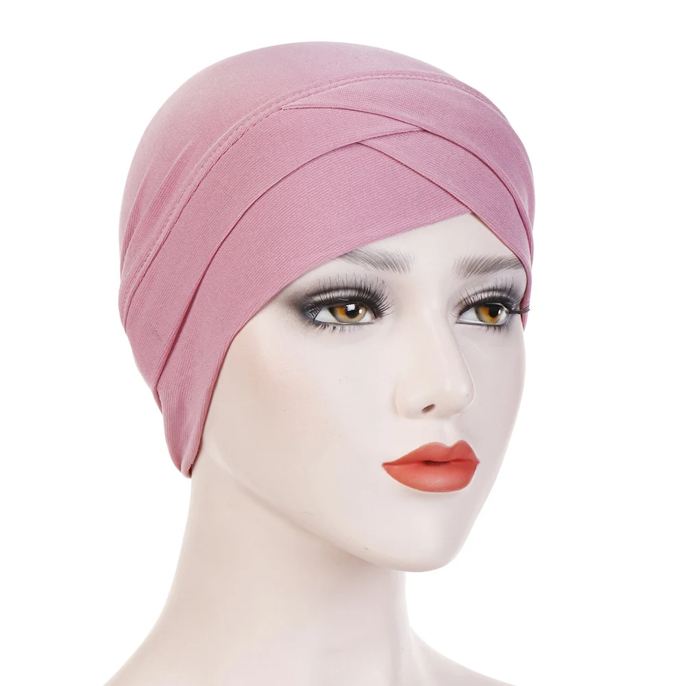 Bohemian Hijab Caps Muslim Women Solid Color Scarf Sun Protection Cap Muslim Multifunctional Turban Ramadan High Quality - Цвет: Розовый