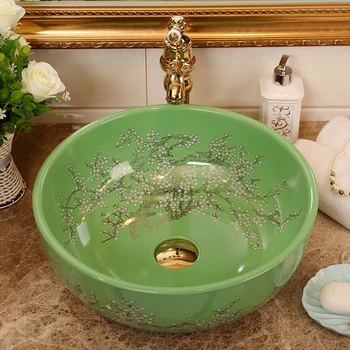 

China Painting plum blossom Europe Vintage Style Ceramic Sinks Counter Top Wash Basin Bathroom Sink wash basin decor
