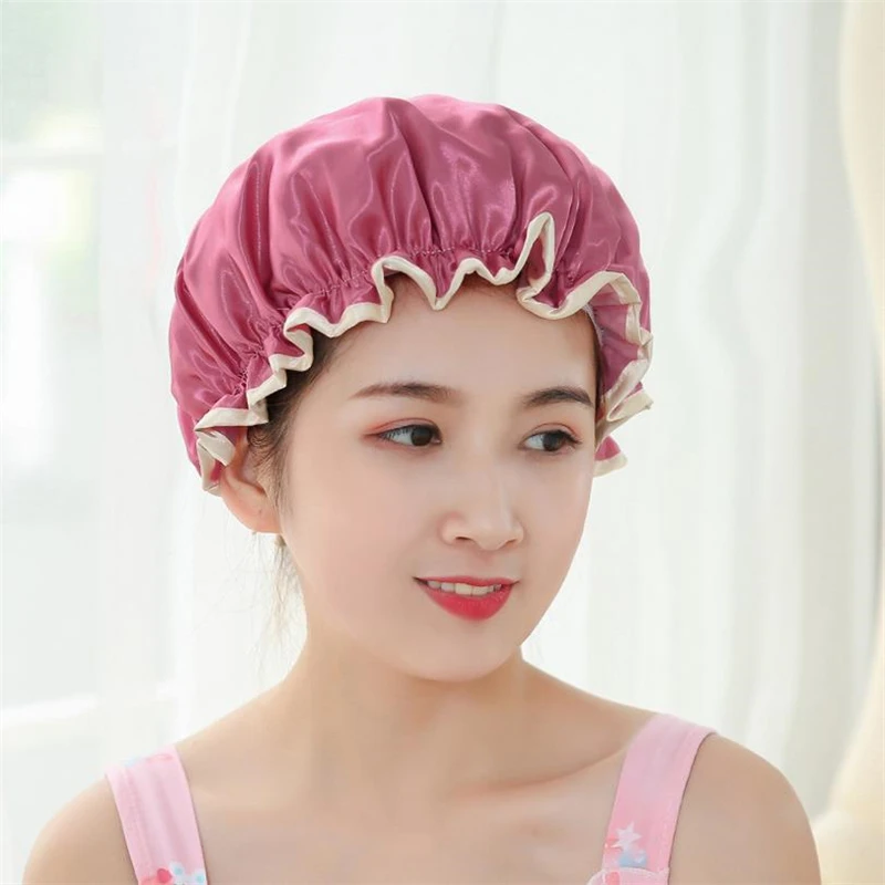 Follome Women Satin Lace Bath Hat Shower Bathing Cap Hair Salon Waterproof Show Hats Bathroom