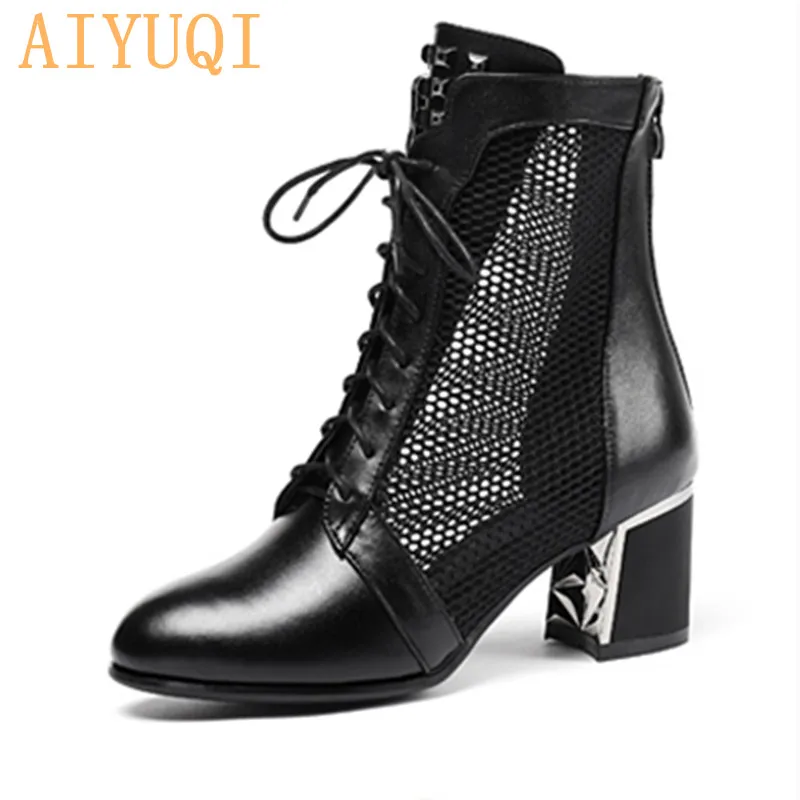 

Women's summer high-heeled sandals 2019 spring new genuine leather women's mesh shoes, high-heeled fashion lace sandals women