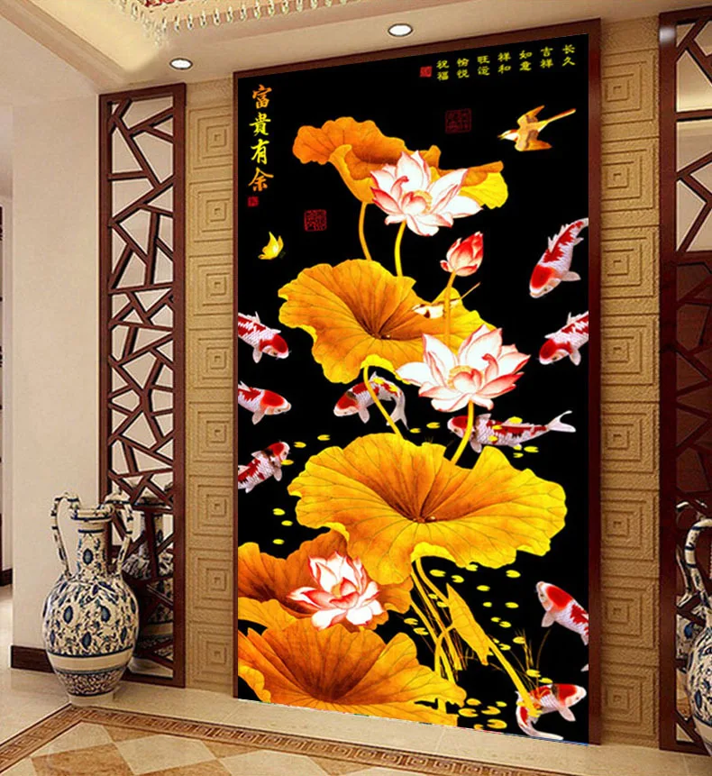 

Lotus flower Nine fish Rich Mosaics pasted Full Diamond Painting Cross Stitch Embroidery 5D Resin Square Drill Rhinestone Gift