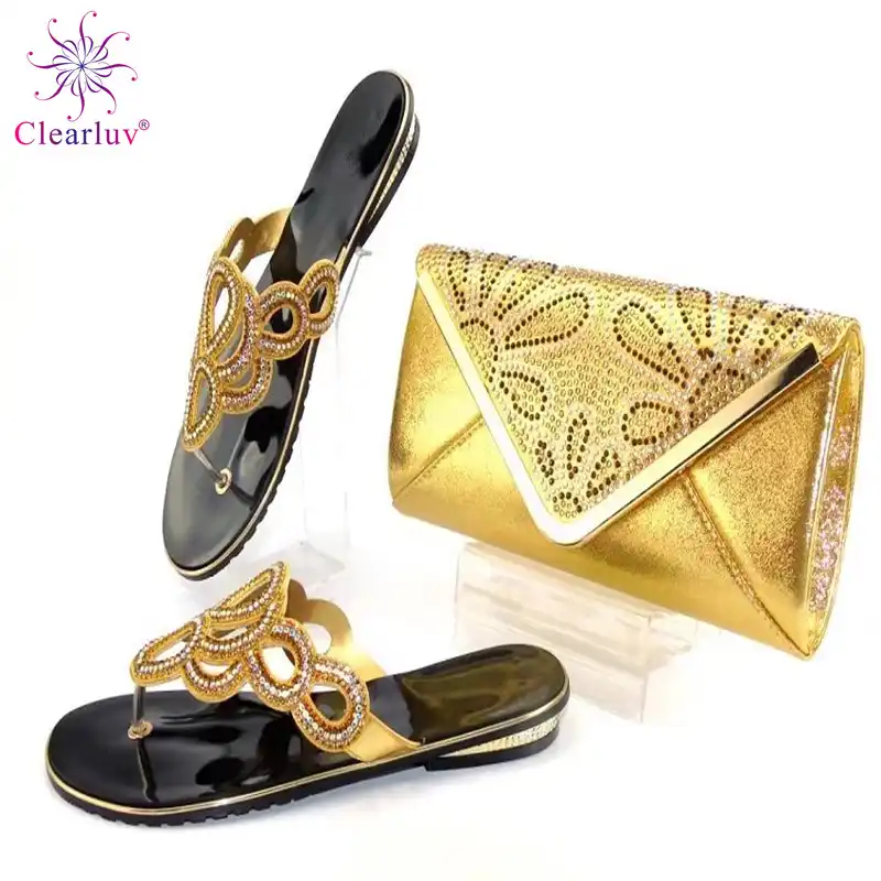 gold shoes and handbag