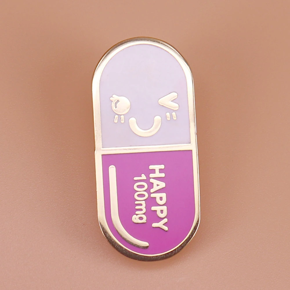 Happy Pill Enamel Pin Creative Medicine Badge Smiling Face Brooch Text