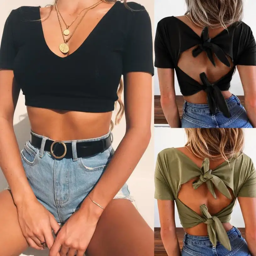 

KANCOOLD tops T-shirt Womens Fashion Bow Backless Tie Bare Midriff Short Sleeve T-shirt Summer Crop ladies tops 2018MA25