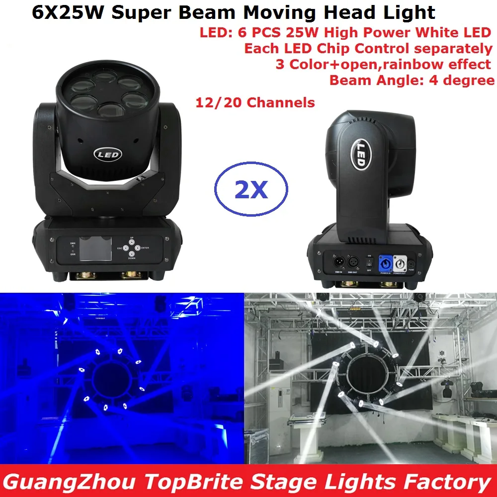 

2IN1 Carton Package 6X25W Sharpy Beam Led Moving Head Light 4 Degree Beam Angle DMX DJ Disco Moving Head Lights 12/20 Channels