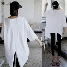 Шило GO Футболка женские летние модные лаконичные Повседневное с длинным рукавом и круглым вырезом Футболка Свободные Назад open up Асимметричная футболка белый