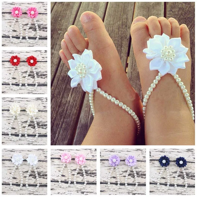 

Baby First Walker Beach Foot Anklet Chain Newborn Baby Flower Barefoot Shoes Pearl Flower Foot Sandals Kids Accessories Drop