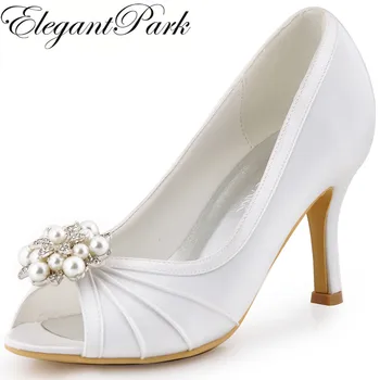 

Woman Shoes High Heel White Ivory Pumps Rhinestones Clips Satin Bridesmaid Bride Wedding Bridal Shoes EP2094AE Wdding Shoes Lady