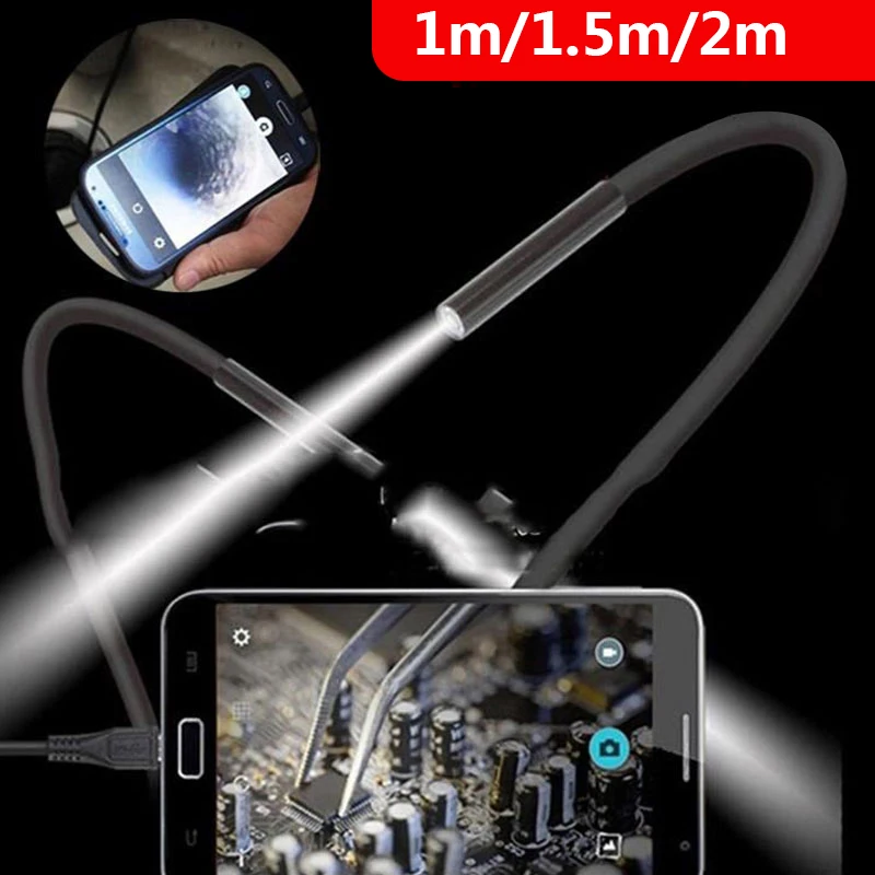 2 м 1 м 5,5 мм 7 мм эндоскоп камера Гибкая IP67 водонепроницаемый осмотр бороскоп камера для Android ПК ноутбук 6 светодиодов регулируемый