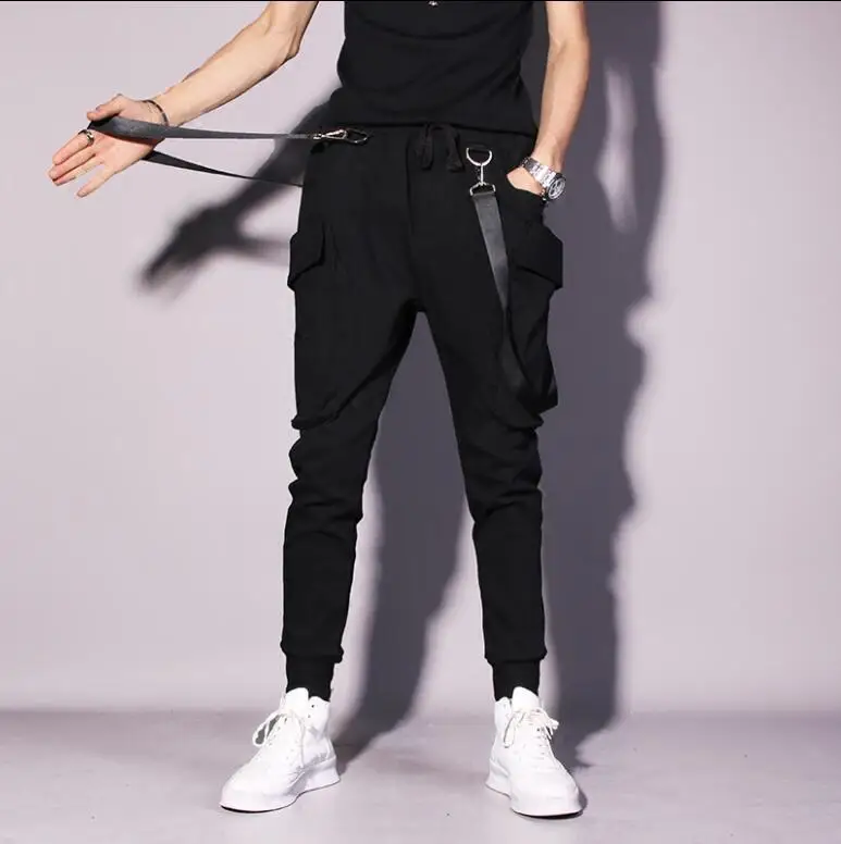 Модные все-в-одном хип-хоп шаровары брюки мужские корейской версии случайные эластичный пояс парикмахера дизайн брюки прилива. S-2XL - Цвет: Черный