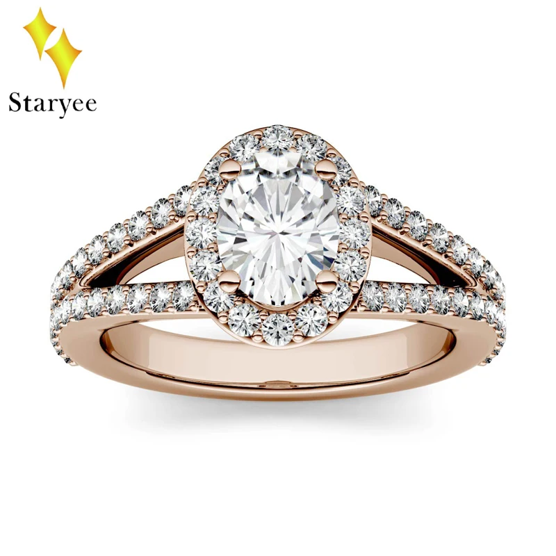 Современные 0,9 карат 18 К розовое золото блестящий Овальный огранки двойной Halo Moissanite алмазное обручальное кольцо на головщину для женщин Jeweley