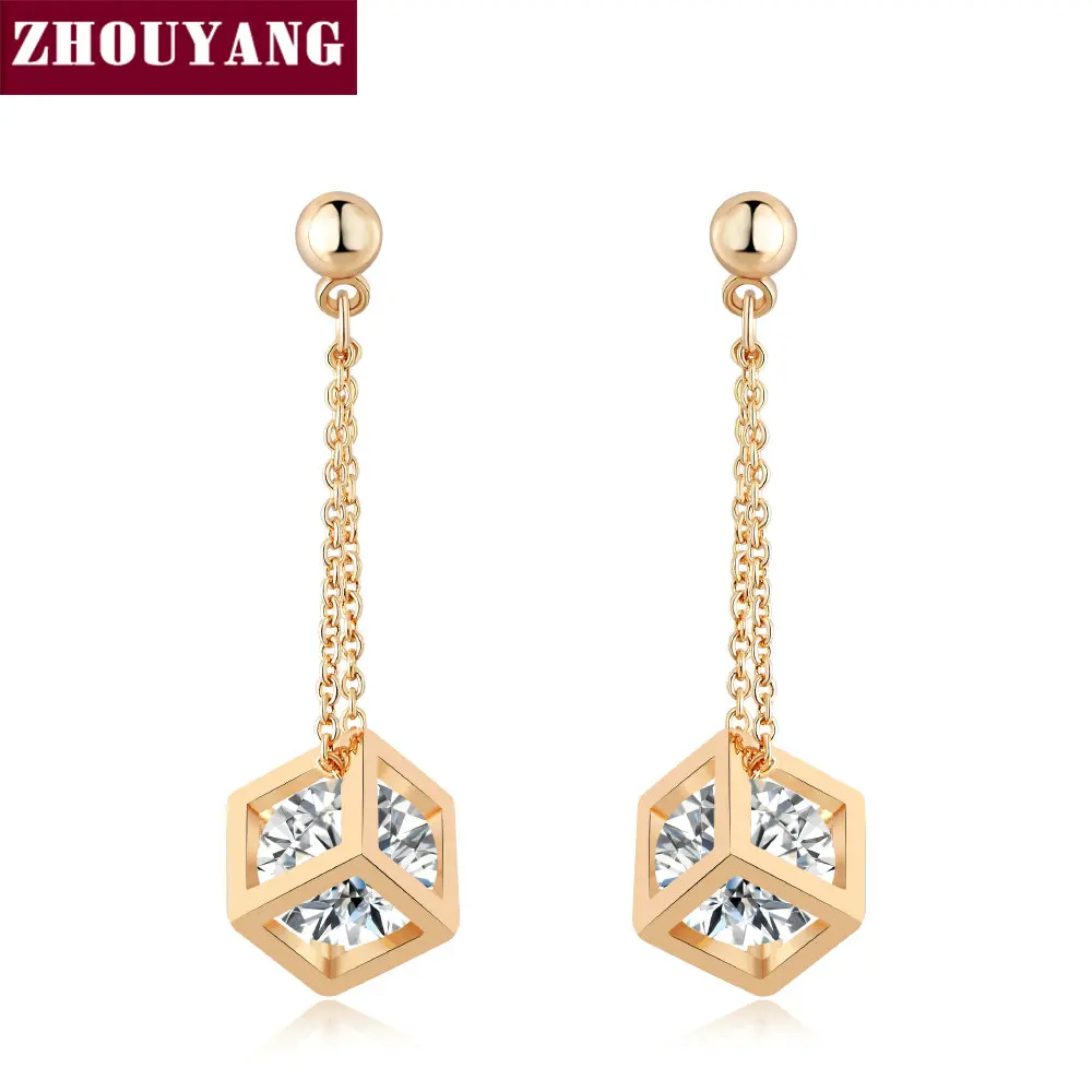 ZHOUYANG Top Quality Crystal Cube Drop Earrings Rose Gold Color Earring Jewelry Austrian Crystal ...