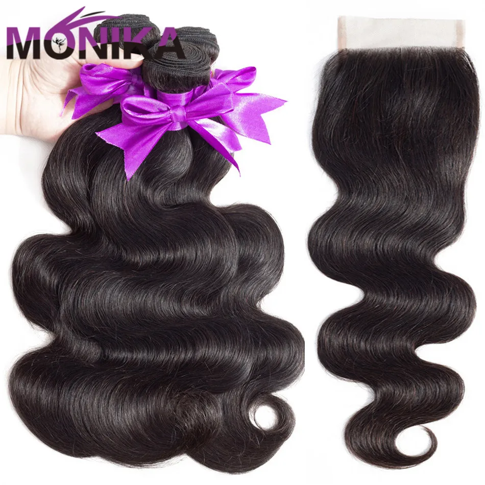 

Monika Hair Closure with Bundles Brazilian Hair Body Wave Bundles with Closure NonRemy 28 inch Human Hair 3 Bundles With Closure