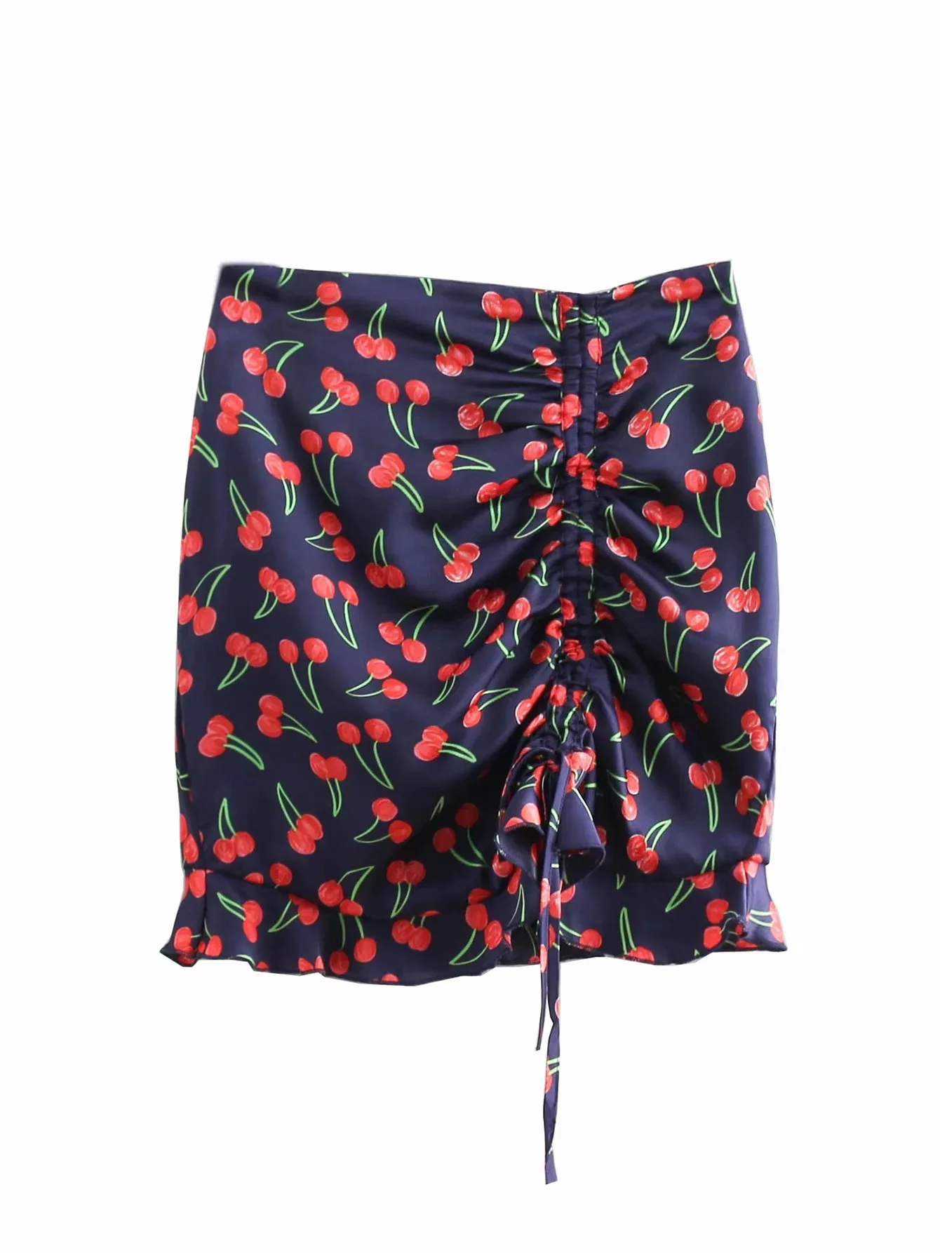 

2019 Spring New Arrival Euro-american Style Drawstring Pleated Irregular Skirt Cherry Print High-waist Mini Skirt Free Shipping