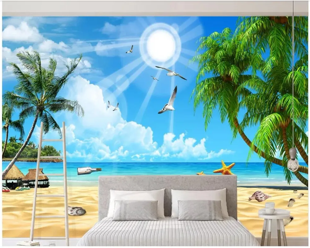 

3d room wallpaper custom photo Blue sky white clouds beach coconut trees seascape natural scenery 3d wall murals wallpaper