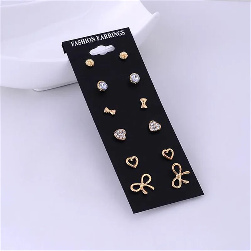 

New Gold-color Stud Earrings Set Pack 6 Pairs Double Heart Beaded Earrings With Crystal Butterfly Flowers Brincos Fine Jewelry