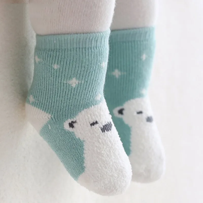 Весна-Осень-зима, Детские хлопковые носки для мальчиков и девочек, милые теплые носки из бархата кораллового цвета с рисунком медведя и пингвина
