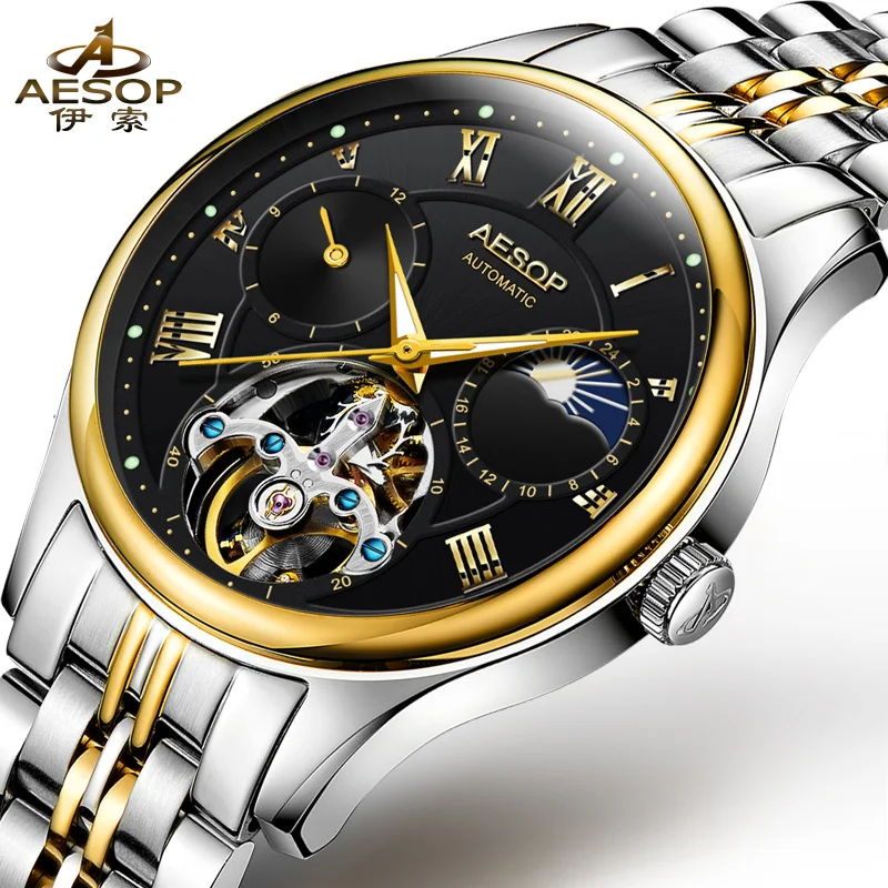 

Luxury brand watch AESOP Mens Watches Men Automatic Mechanical watches Moon Phase Sapphire Crystal Wristwatch Relogio Masculino