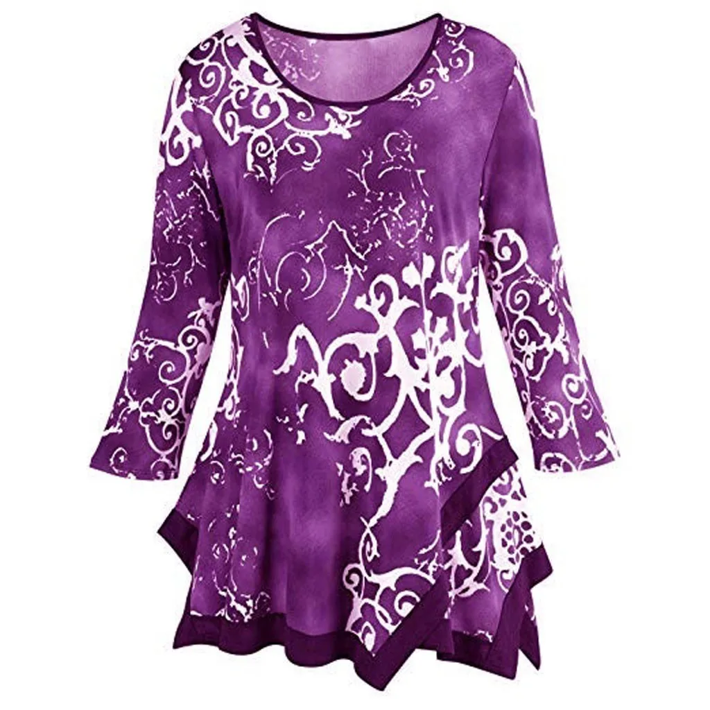 Женская блузка с круглым вырезом, с принтом, с длинным рукавом, блузка, рубашка, пуловер, неровный подол, топы размера плюс, 5 xl, одежда, Blusas De Mujer@ 32 - Цвет: C