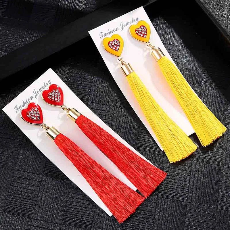IMG_4096 Trendy Drop Earrings HeartWomenLongBohemianDangleBlueBalckMetalBohoGold Tassel Earrings 2018 Jewelry