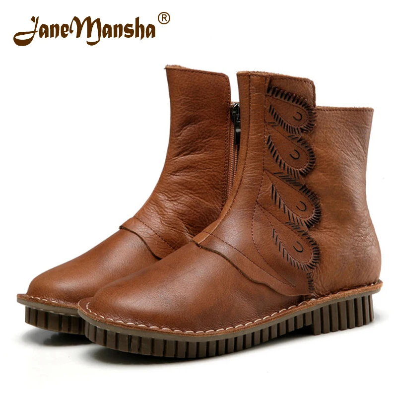 

JaneMansha Winter Boots Ankle RETRO Genuine Leather Appliques Feather Round Toe Zip Low Square Heels Sewing Chelsea Boots RWB111