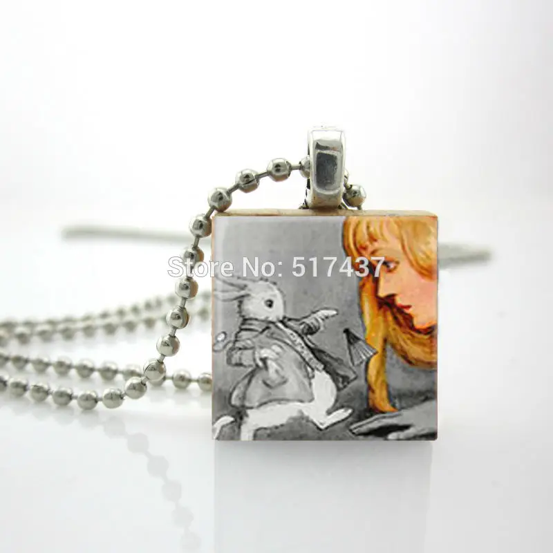 

2015 New Alice And The White Rabbit In Wonderland Jewelry Ball Chain Necklace Wooden Scrabble Tiles