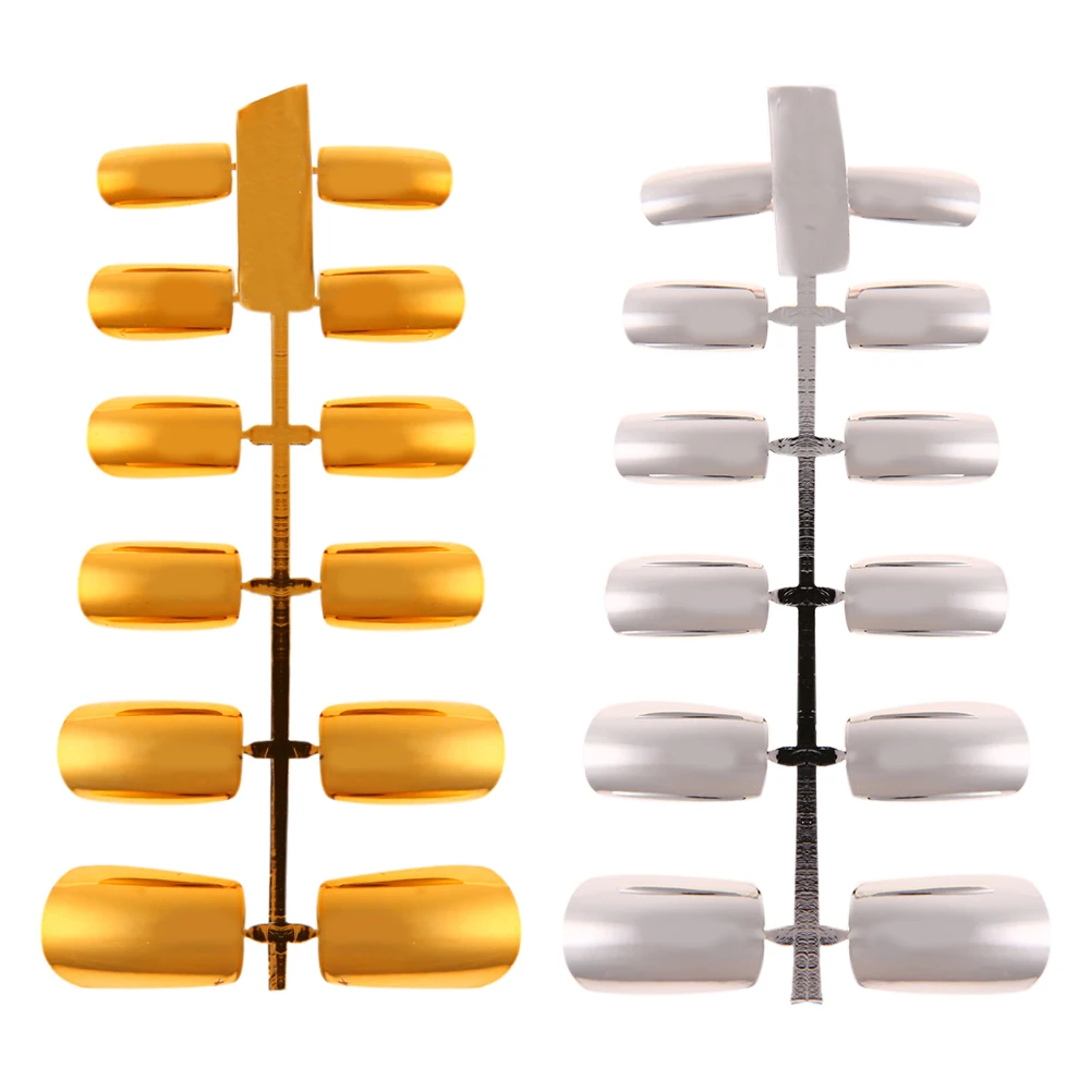 

12pcs Acrylic Nail Tips Shiny Punk Style Metallic Metal Gold Silver Color Fake False Nails Long Size