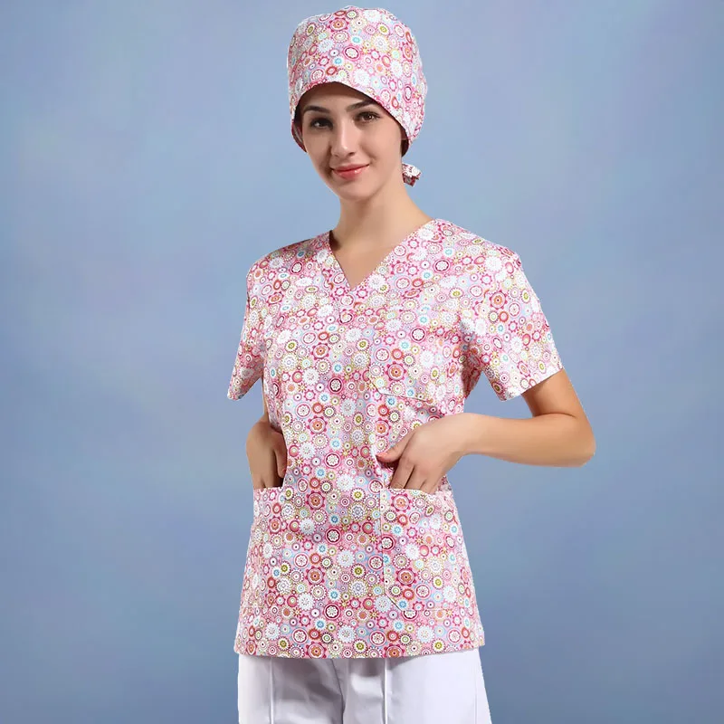 Женский розовый цветочный принт, костюм медика, комплект, рабочая одежда для больниц, v-образный вырез, короткий рукав, одежда для медсестры, одежда для работы