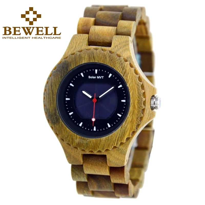 BEWELL Solar Wood Watch Men with Black Dial Luminous Hands Sports Wirst Watches Relogio Masculino montre solaire 074A