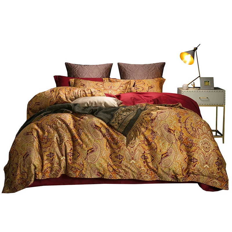 

Royal court luxurious Golden red Duvet Cover set with pillowcases Flat Sheet Queen King Sizes bed linens set with Pillowcases